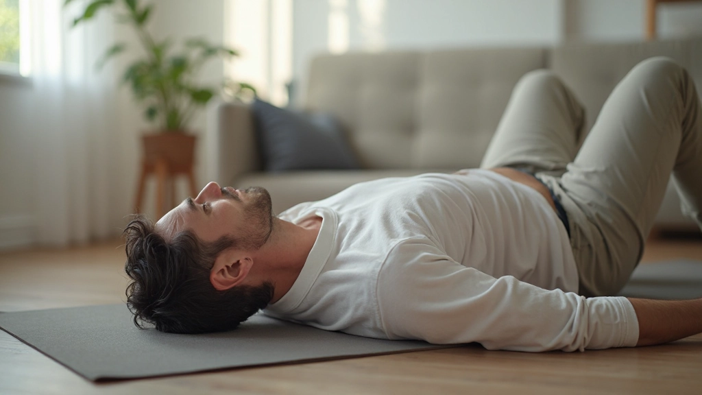Persoon doet body scan meditatie liggend op yoga mat