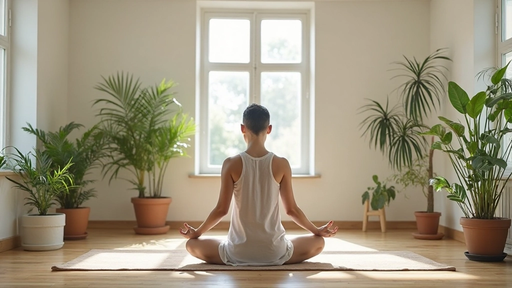 Rustige meditatie ruimte met natuurlijk licht en groene planten