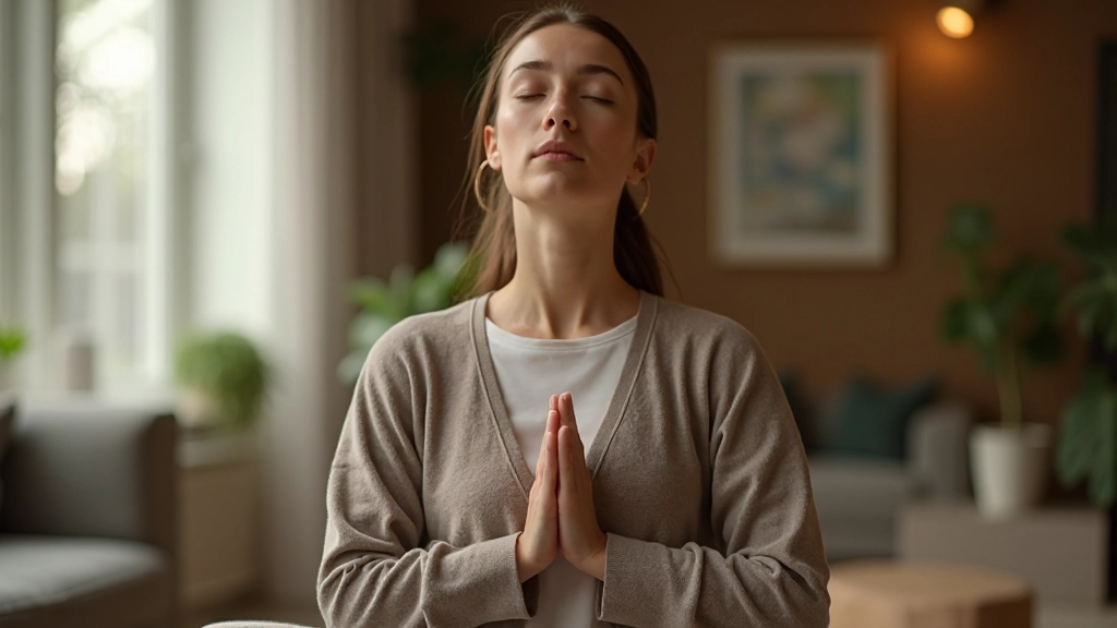 Gesloten ogen in meditatieve staat, rustige gezichtsuitdrukking, zachte achtergrondverlichting