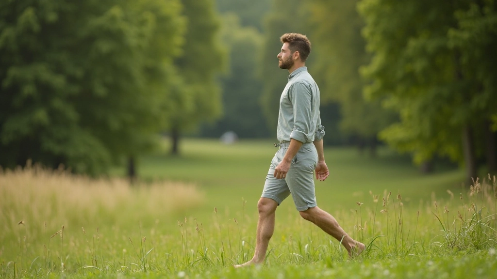 Persoon loopt op blote voeten in de natuur, bewust van elke stap