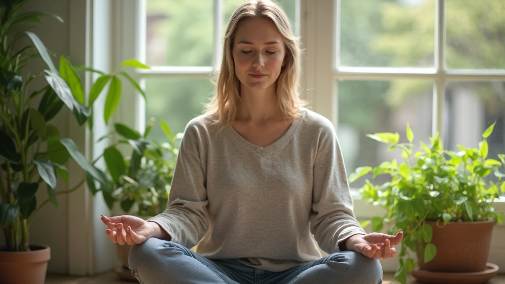 Kalme werkomgeving met plantjes en natuurlijk licht, iemand zittend in meditatiehouding, vredige sfeer
