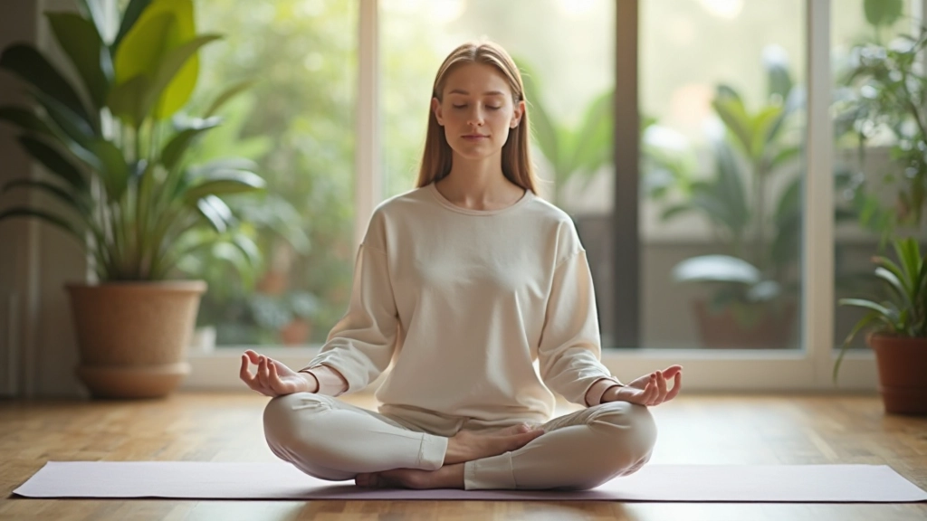 Persoon zit in meditatiehouding op een yoga mat in een rustige, verlichte ruimte met planten op de achtergrond