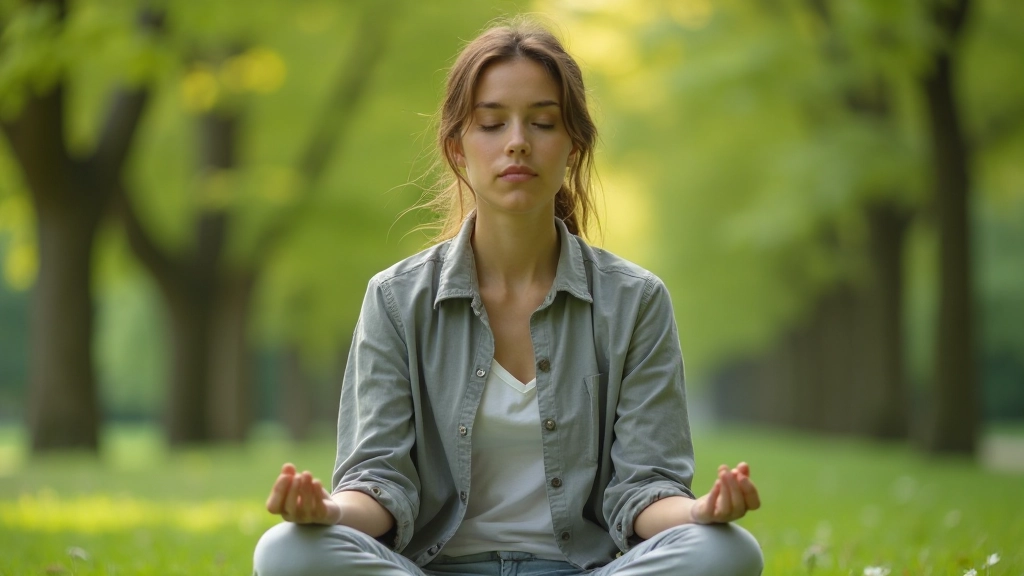 Iemand buiten in de natuur, zittend op een bankje, volledig ontspannen gezichtsuitdrukking, groen landschap op achtergrond