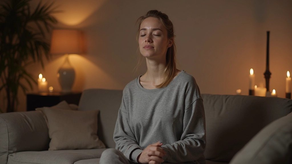 Iemand met gesloten ogen in een rustige huiskamer met kaarsen en zachte verlichting