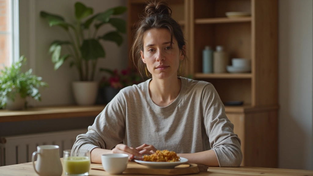 Iemand die met volle aandacht eet, concentratie op voedsel, warme huiselijke sfeer, ontspannen moment