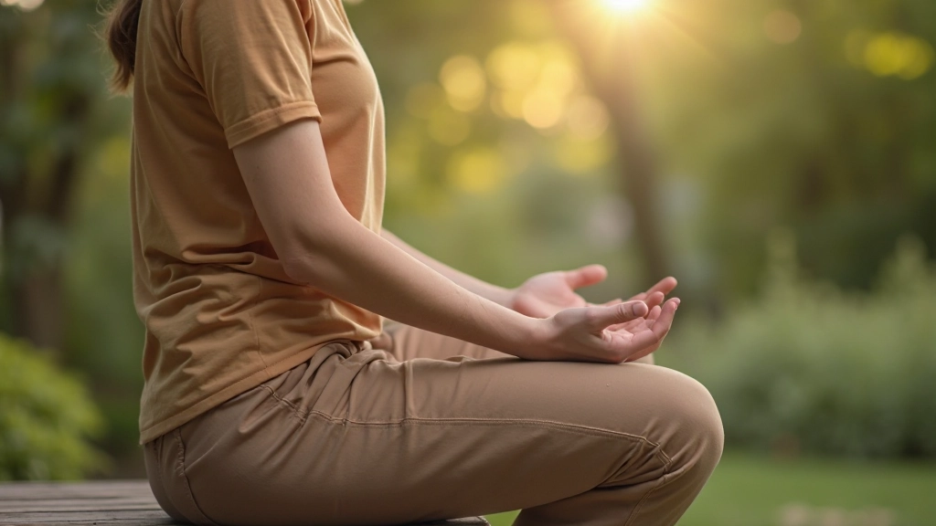 Handen in rust op schoot, meditatieve positie in een natuurlijke omgeving
