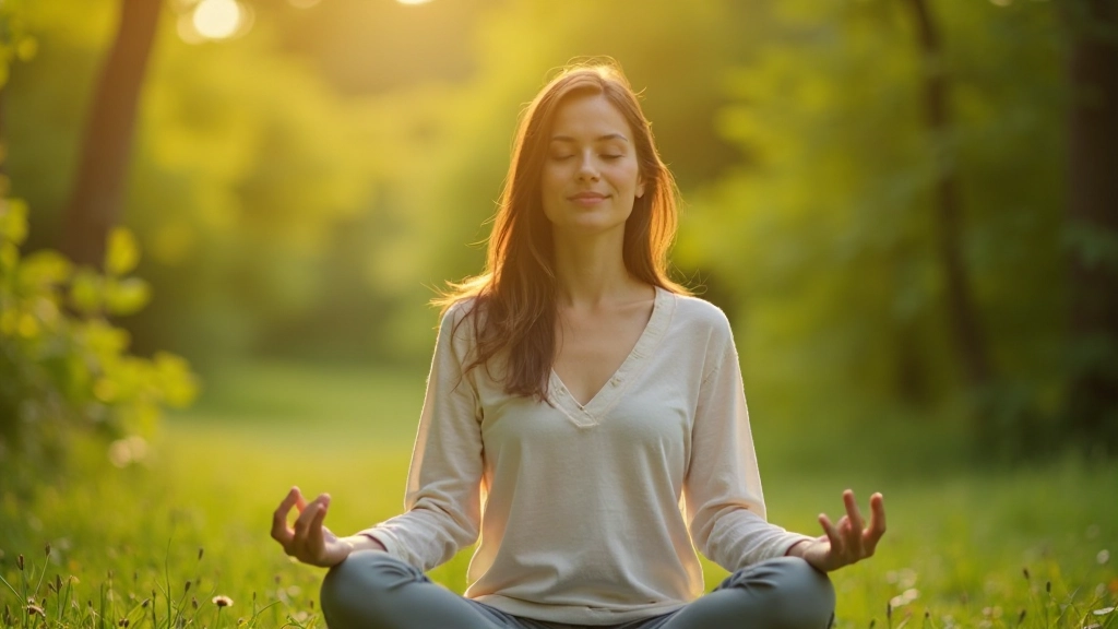 Persoon in rustige zithouding met gesloten ogen in een natuurlijke omgeving