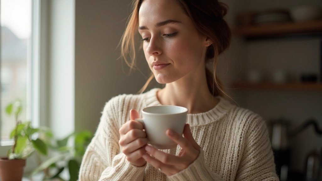 Persoon drinkt koffie mindful met volle aandacht in een rustige ochtendscÃ¨ne