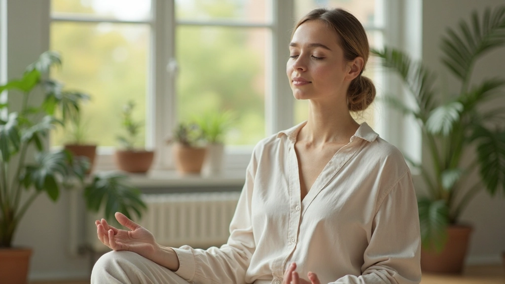 Persoon zit in rustpositie met gesloten ogen in een serene omgeving